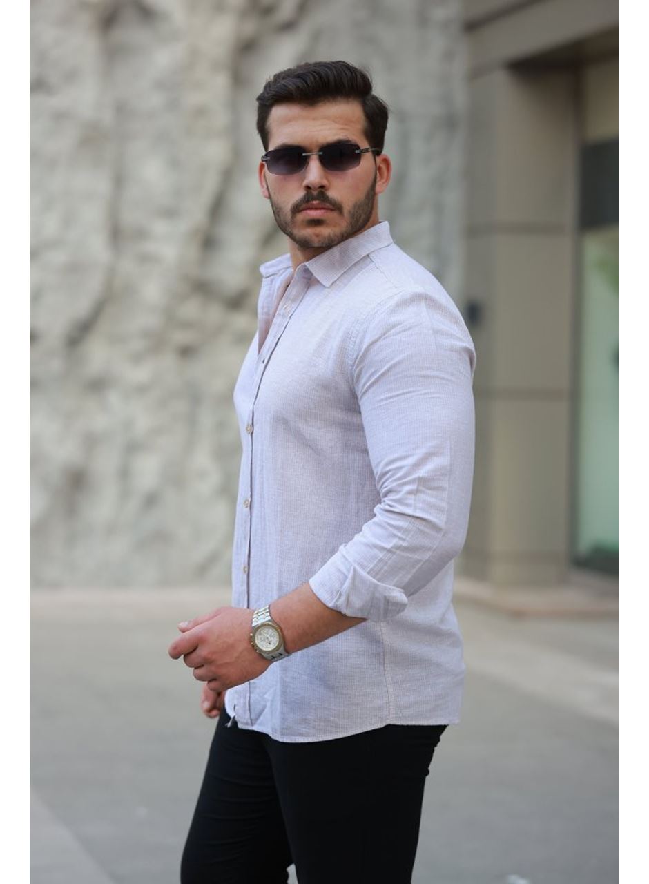 Erkek çizgi Desenli Uzun Kollu Pamuklu Keten Gömlek