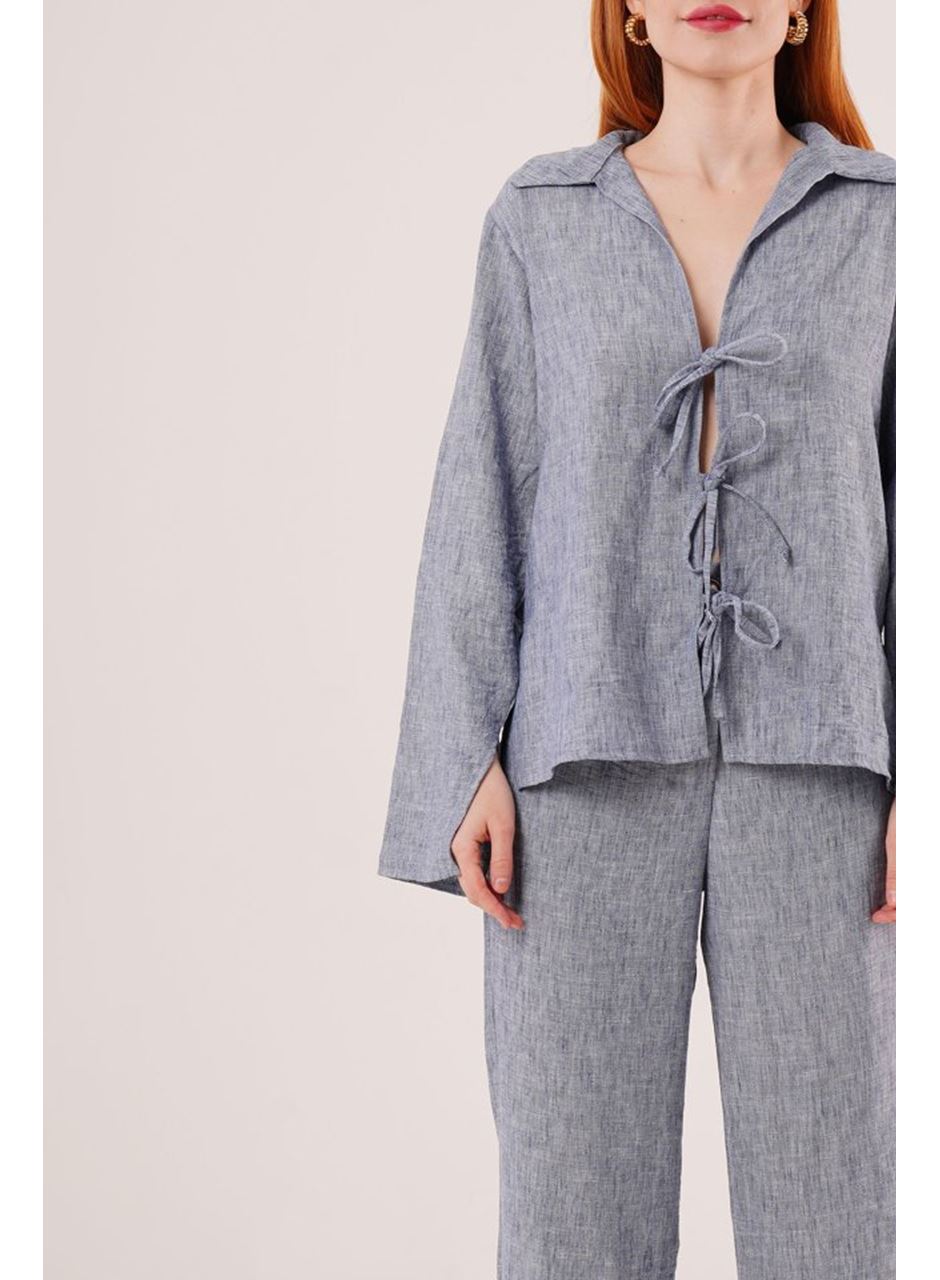 Ön Bağlama Detaylı Pantolon Ve Gömlek İndigo İkili Takım