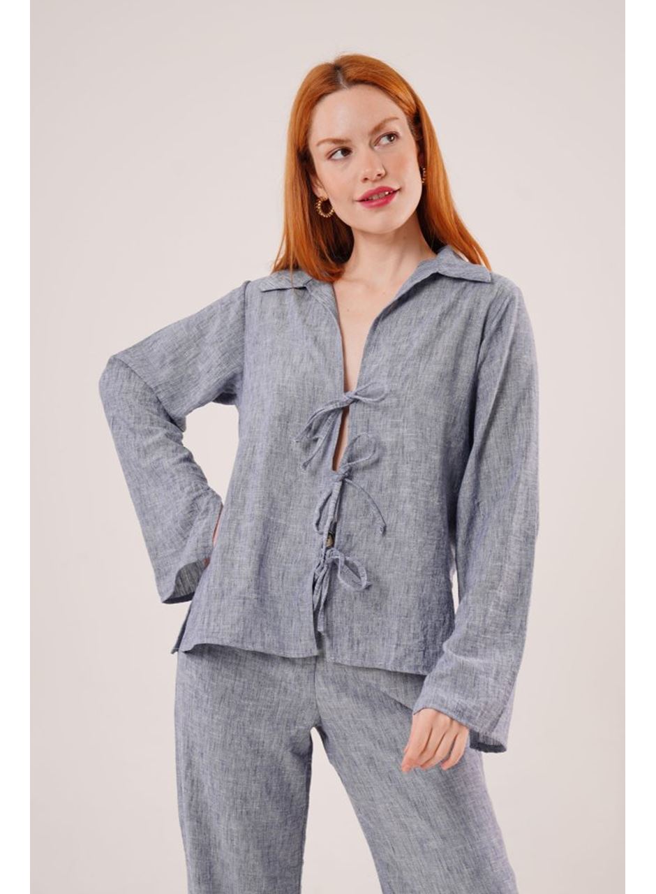 Ön Bağlama Detaylı Pantolon Ve Gömlek İndigo İkili Takım