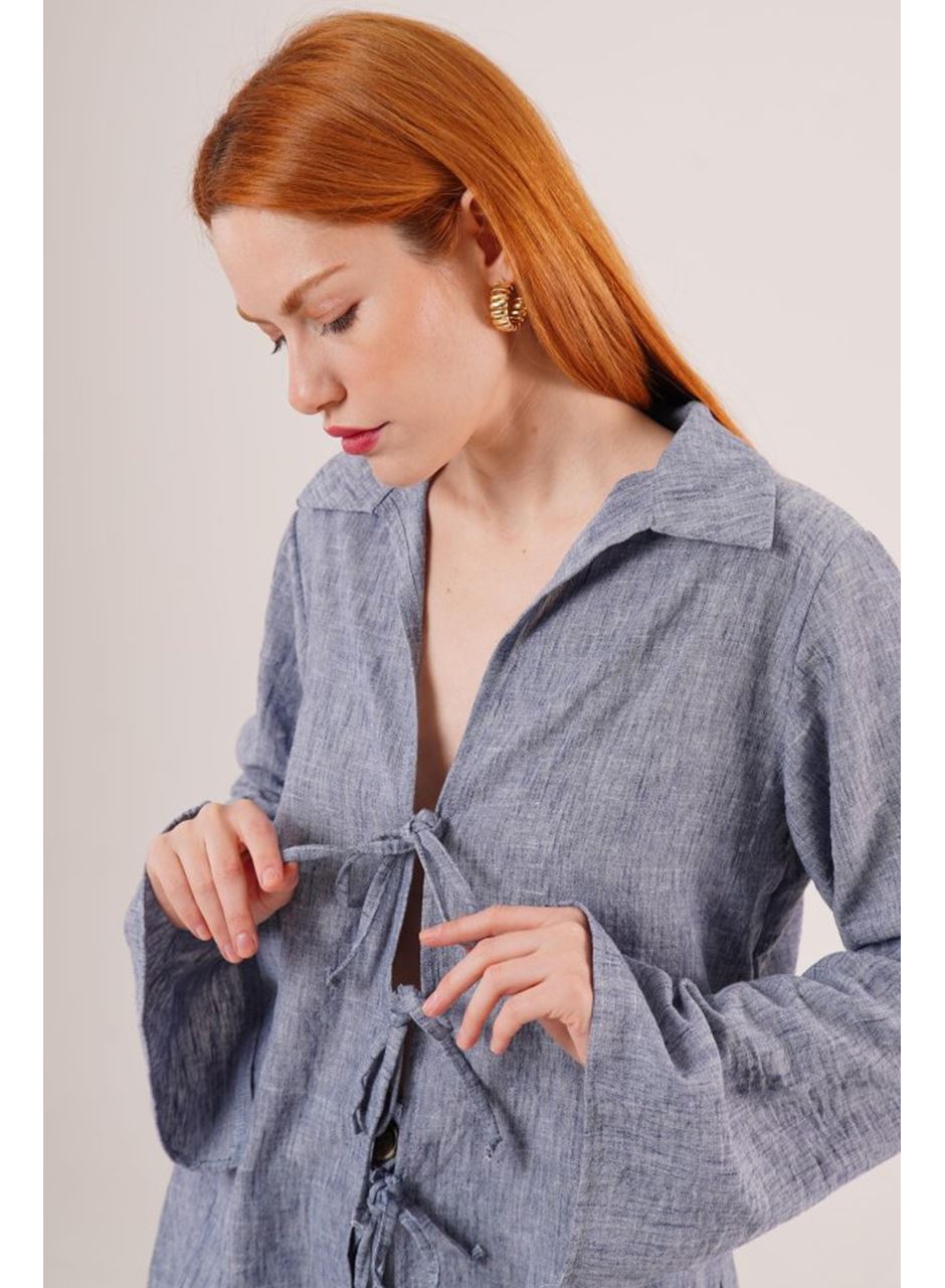 Ön Bağlama Detaylı Pantolon Ve Gömlek İndigo İkili Takım