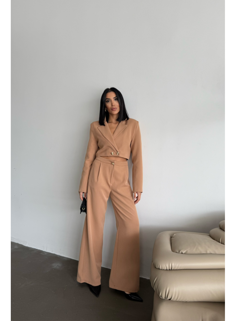 CROP CEKET - PANTOLON TAKIM GOLD DÜĞME DETAYLI - Kahverengi