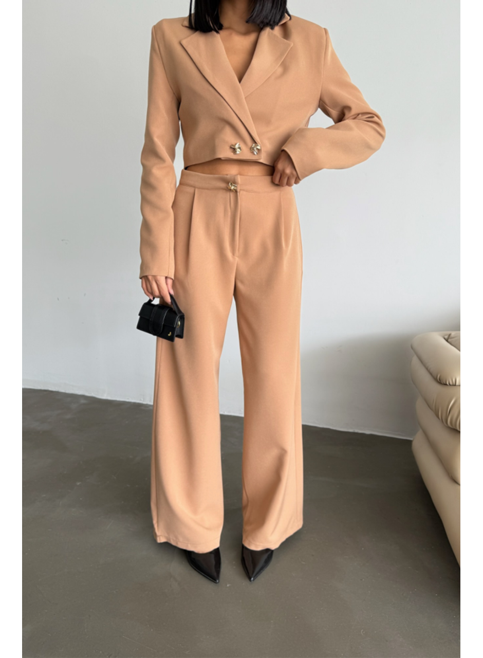 CROP CEKET - PANTOLON TAKIM GOLD DÜĞME DETAYLI - Kahverengi