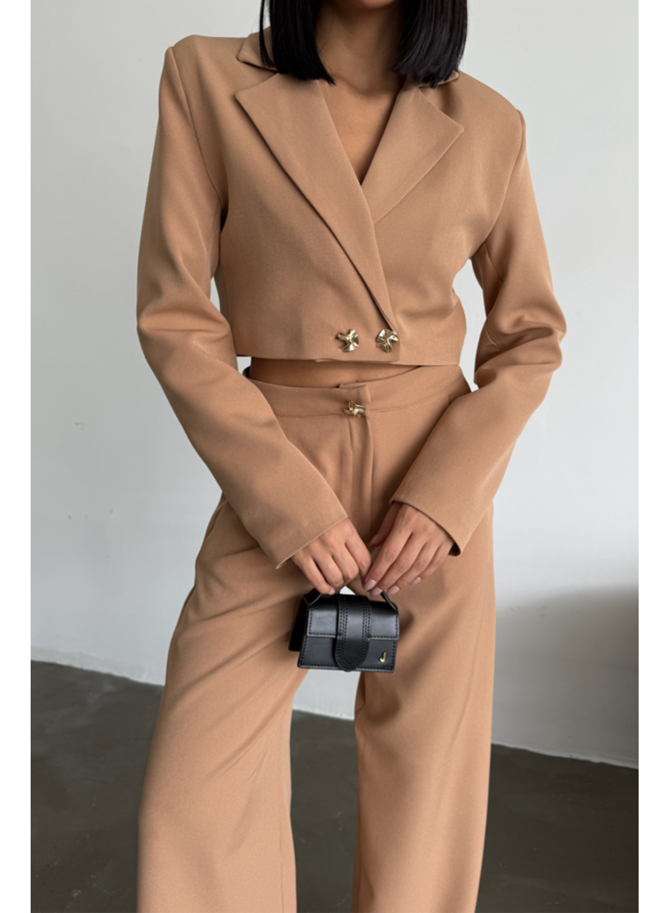 CROP CEKET - PANTOLON TAKIM GOLD DÜĞME DETAYLI - Kahverengi