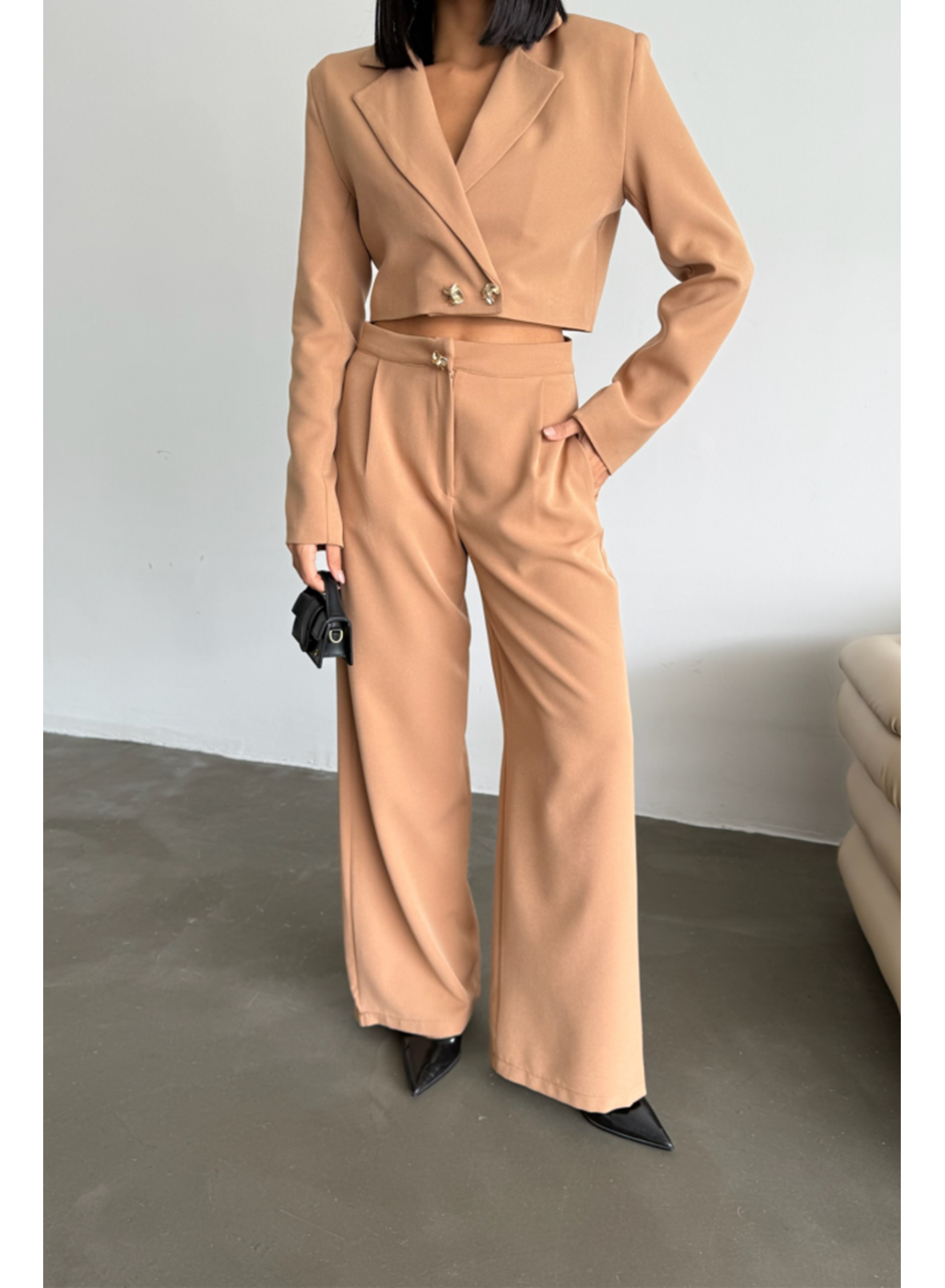 CROP CEKET - PANTOLON TAKIM GOLD DÜĞME DETAYLI - Kahverengi