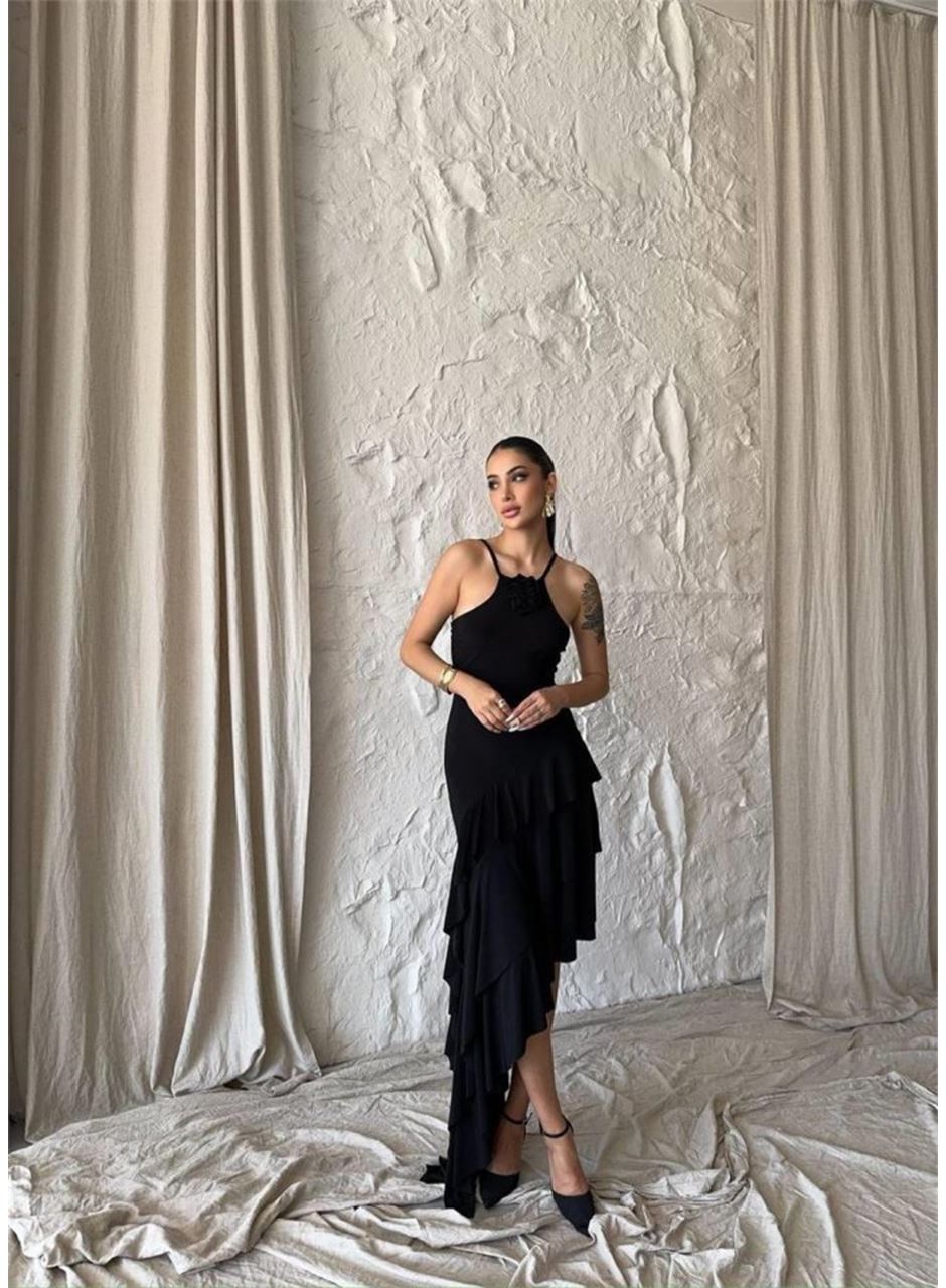 GÜLLÜ ELBİSE ASİMETRİK KATLI - Siyah