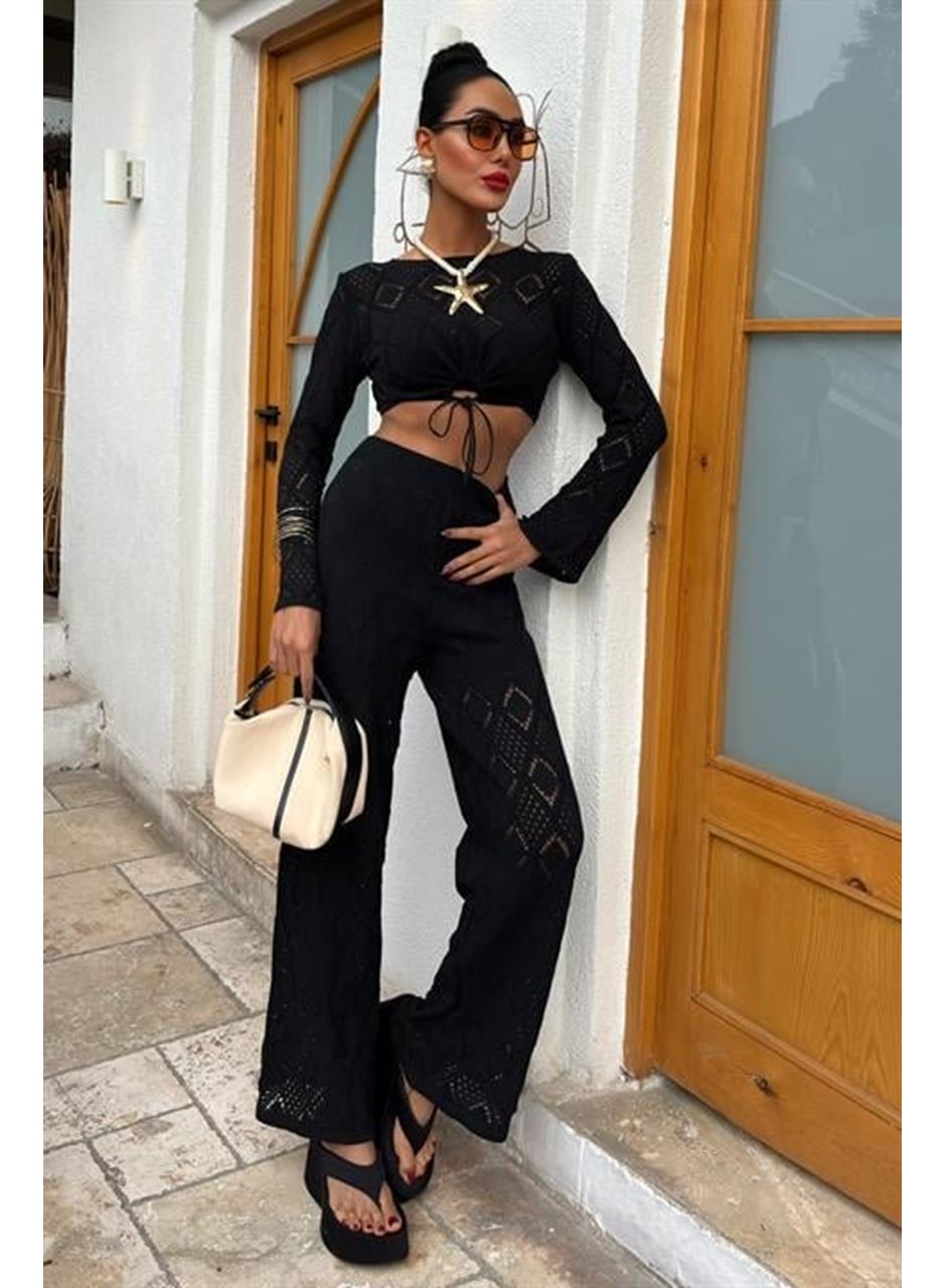 Göğüs Bağcık Detaylı Ajurlu Bluz Pantolon Takım 10098