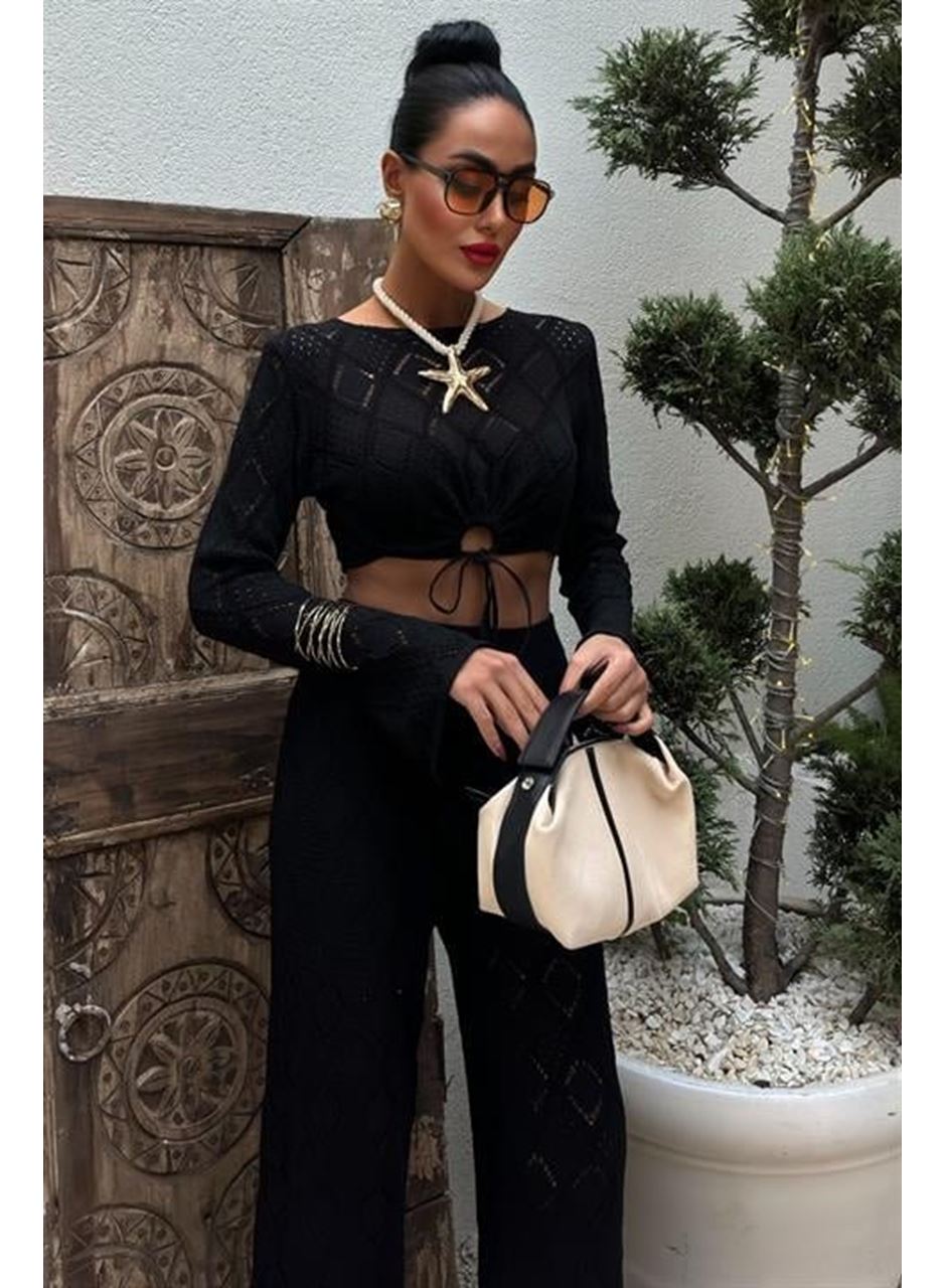 Göğüs Bağcık Detaylı Ajurlu Bluz Pantolon Takım 10098