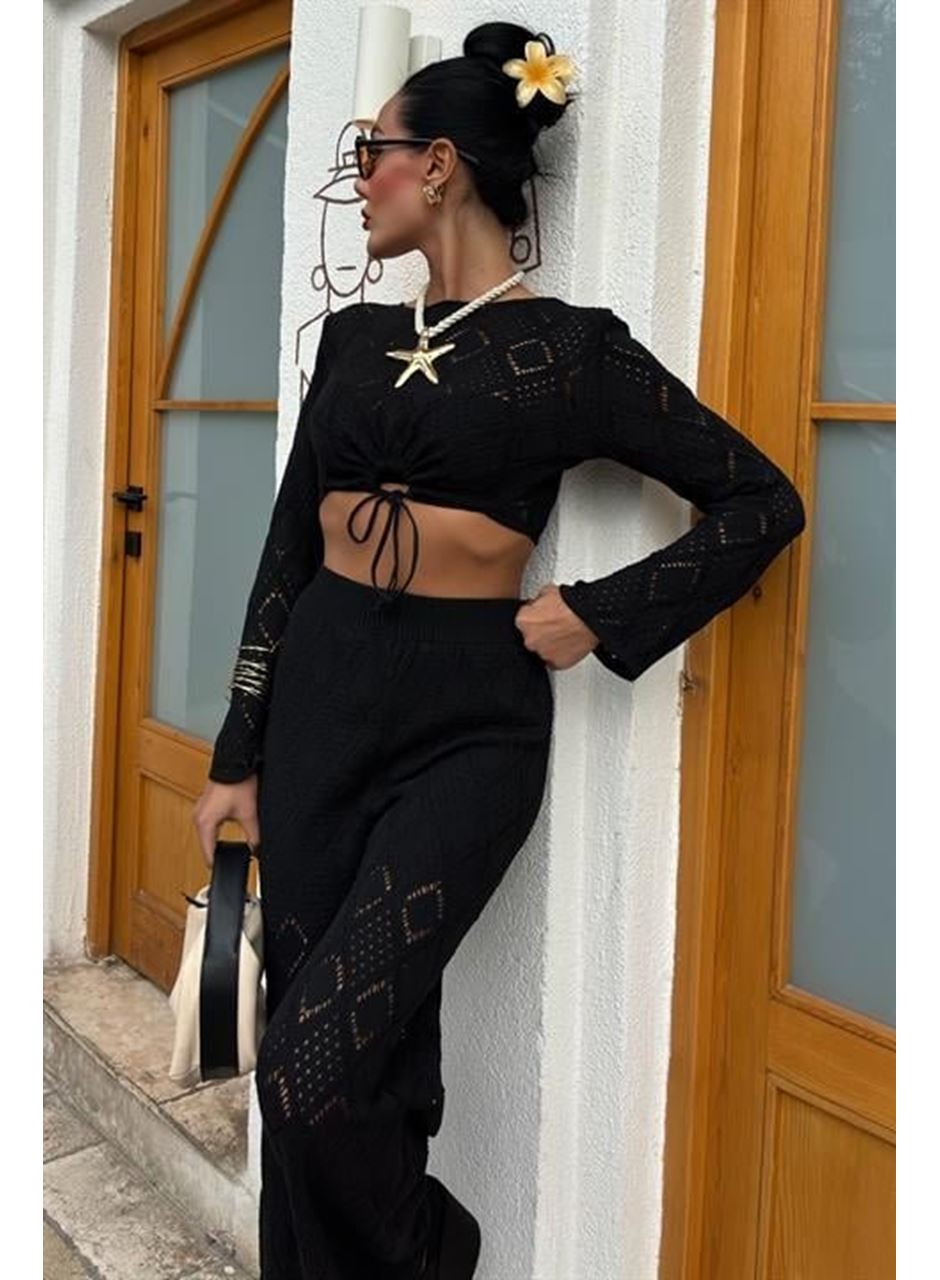 Göğüs Bağcık Detaylı Ajurlu Bluz Pantolon Takım 10098