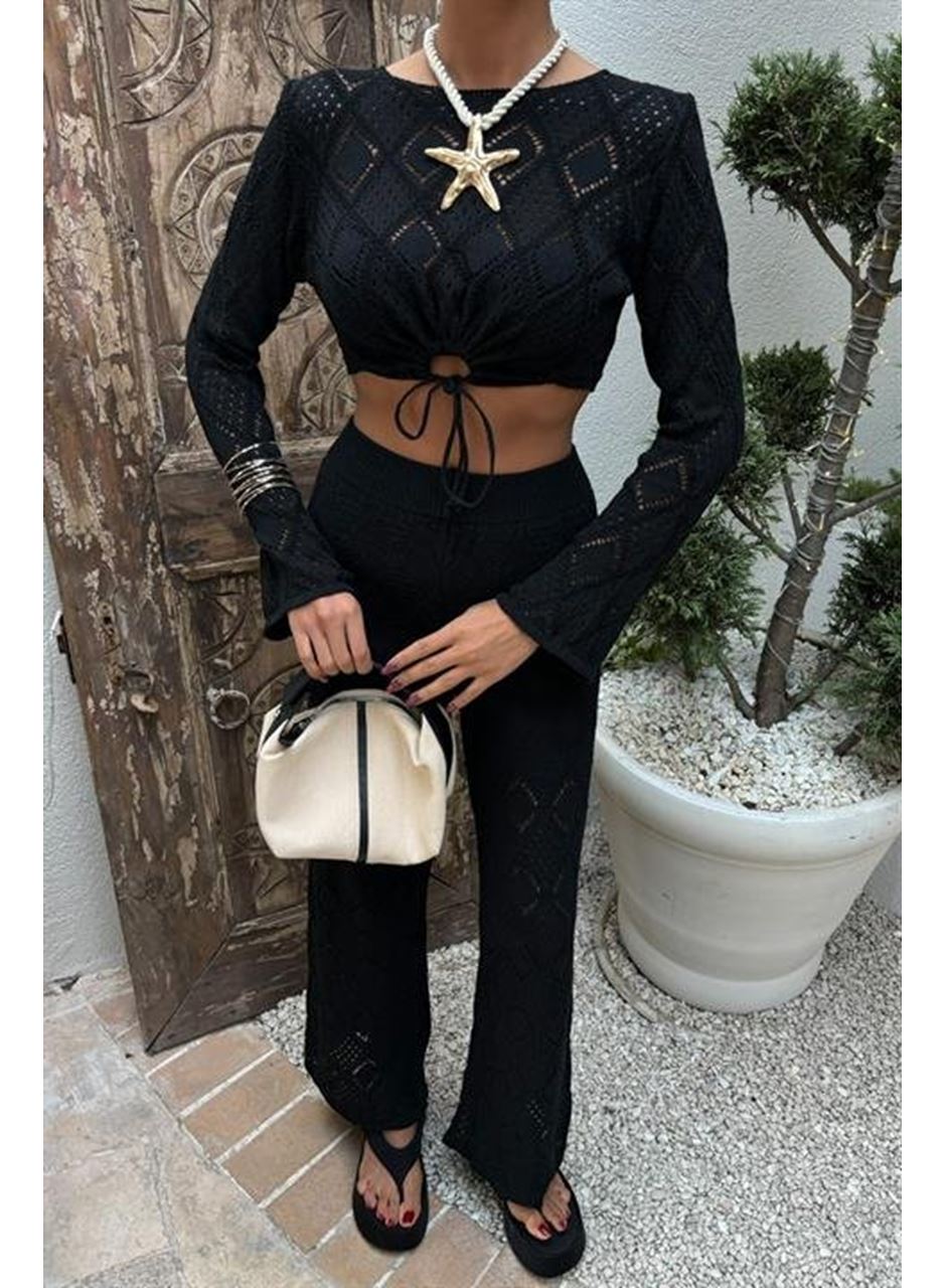 Göğüs Bağcık Detaylı Ajurlu Bluz Pantolon Takım 10098