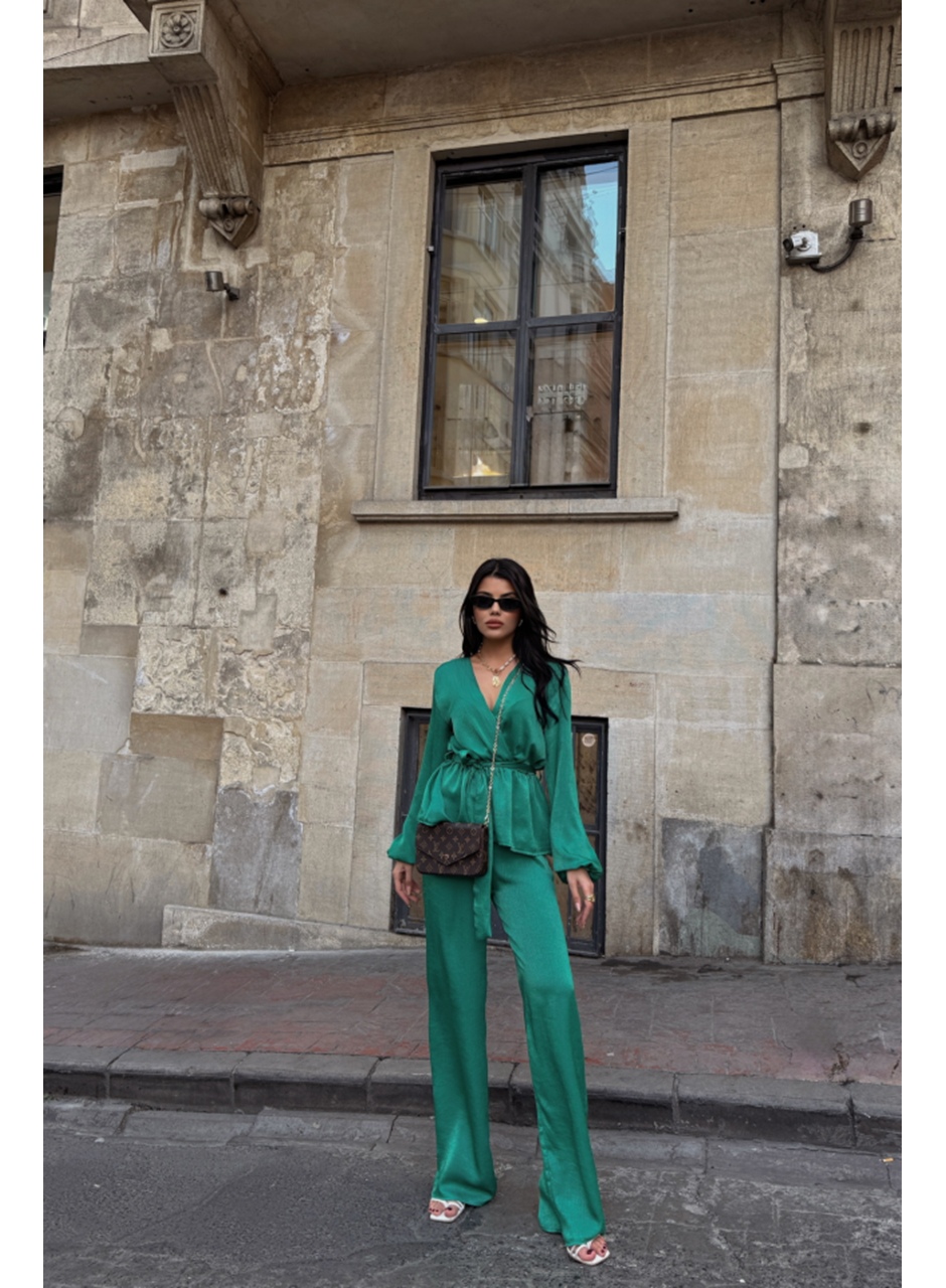 SATEN KRUVAZE BAĞLAMALI BLUZ- PANTOLON TAKIM - Yeşil
