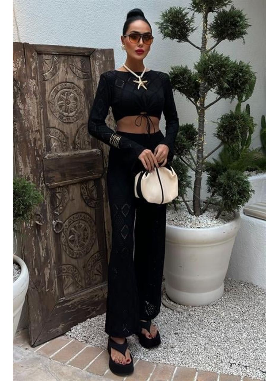 Göğüs Bağcık Detaylı Ajurlu Bluz Pantolon Takım 10098