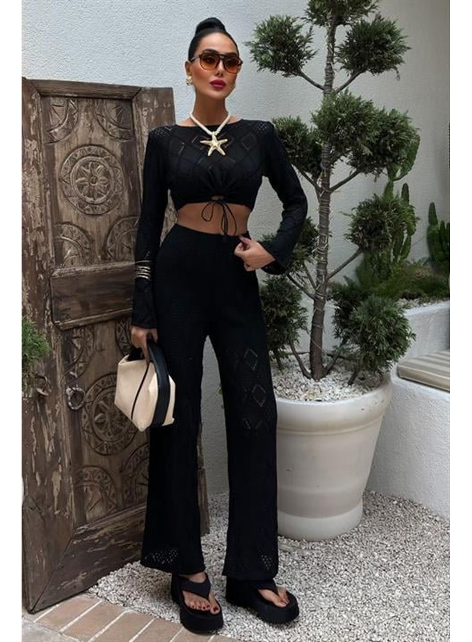 Göğüs Bağcık Detaylı Ajurlu Bluz Pantolon Takım 10098