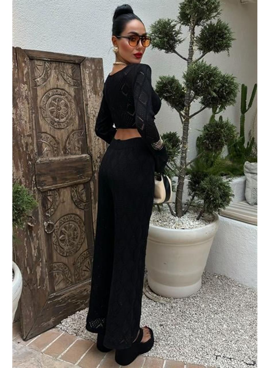 Göğüs Bağcık Detaylı Ajurlu Bluz Pantolon Takım 10098