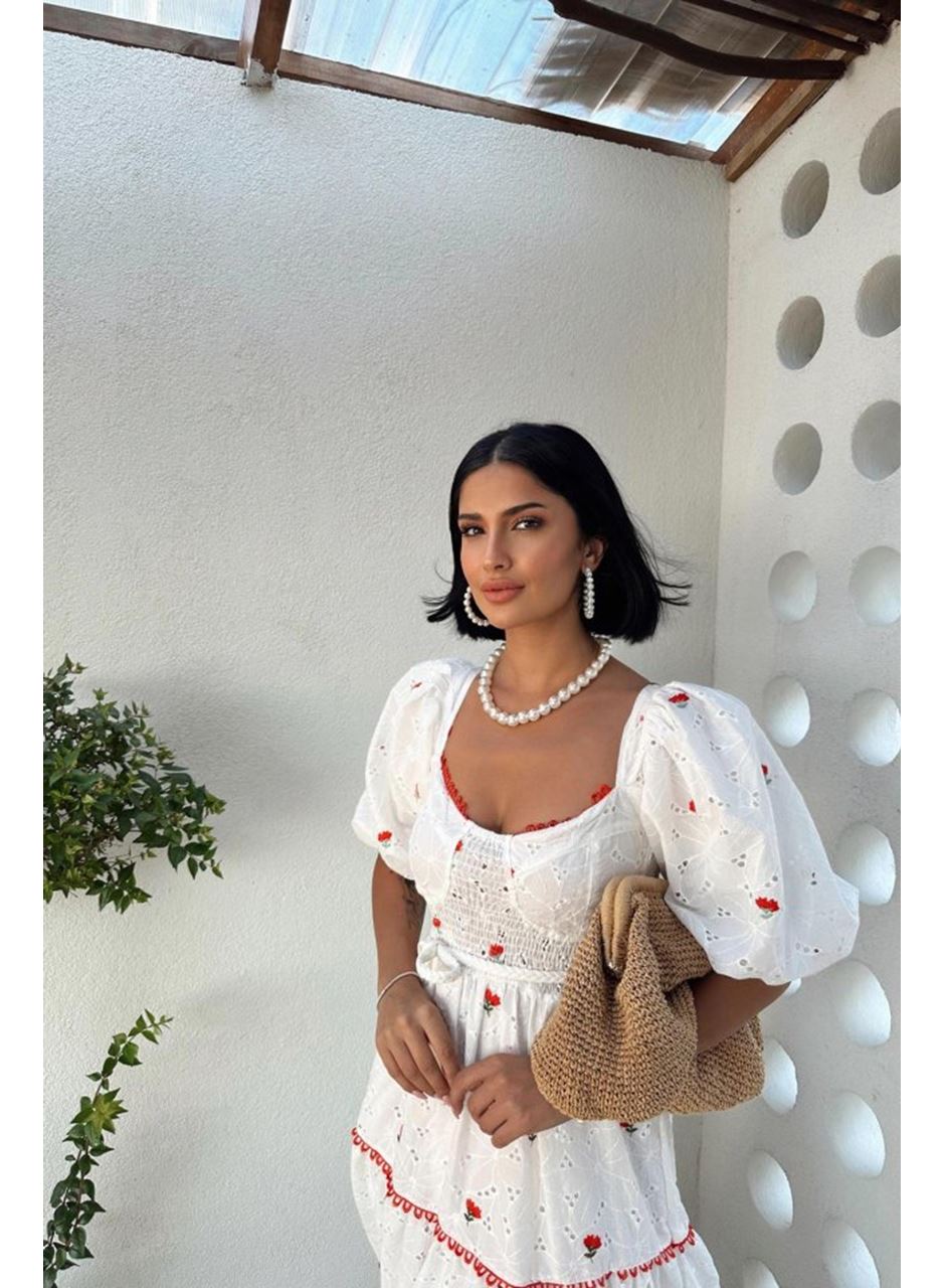 Nar Çiçeği Dantel Detaylı Brode Elbise