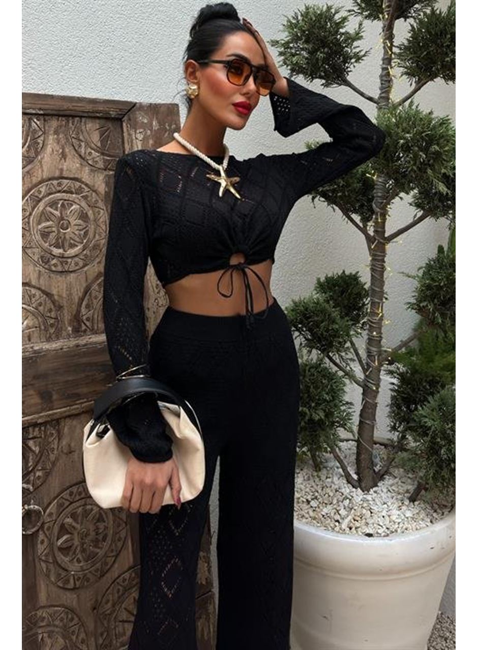 Göğüs Bağcık Detaylı Ajurlu Bluz Pantolon Takım 10098