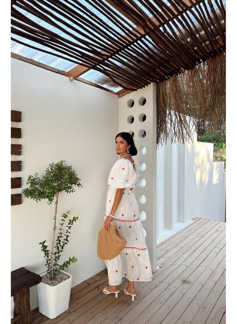 Nar Çiçeği Dantel Detaylı Brode Elbise