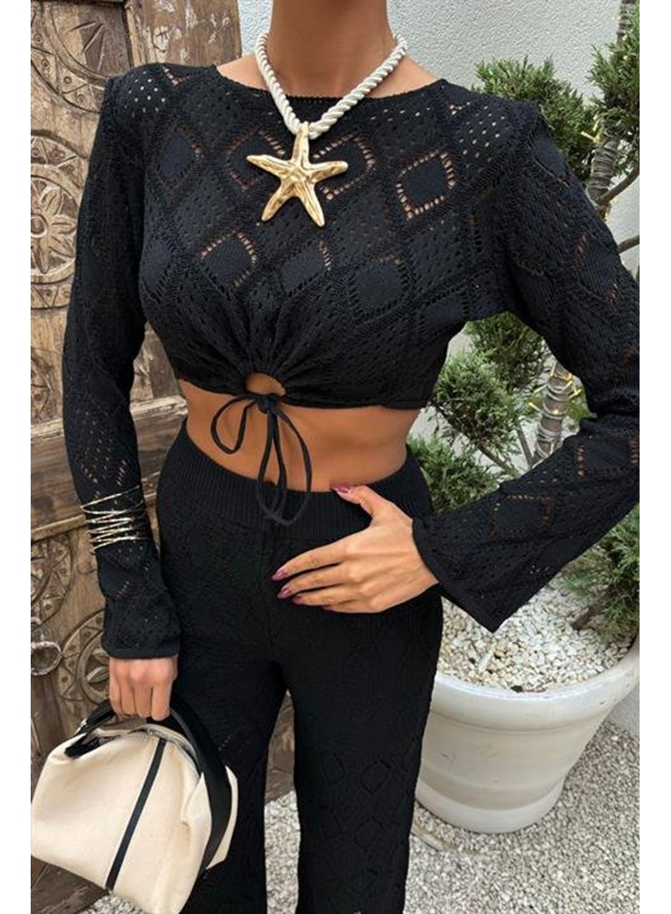 Göğüs Bağcık Detaylı Ajurlu Bluz Pantolon Takım 10098