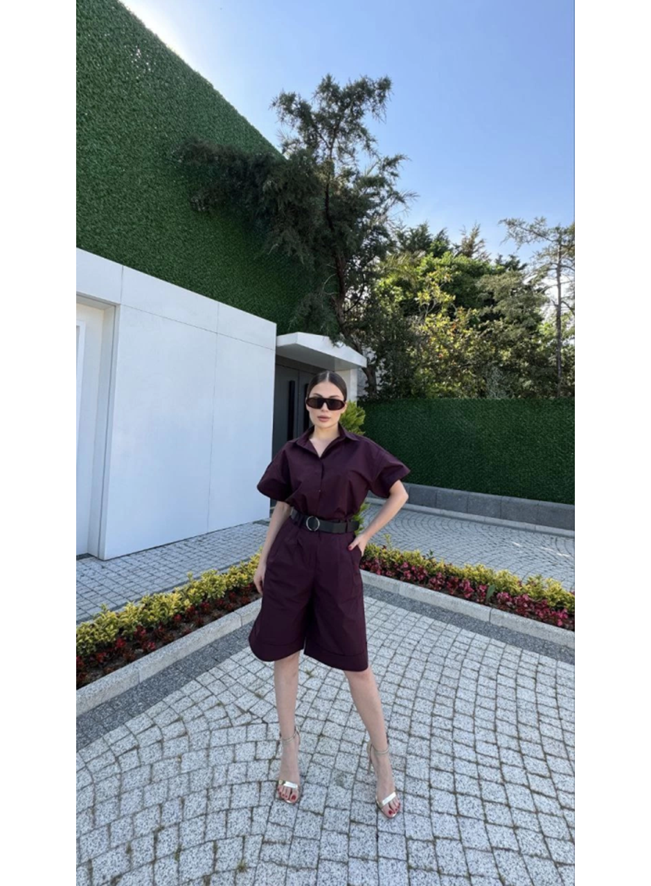 Yakalı Gömlek Kemerli Şortlu Takım - Bordo