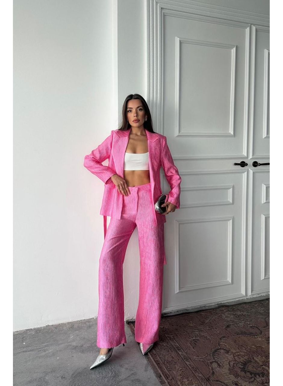 Pembe Beli Kuşaklı Ceket Ve Pantolon Parlak Takım