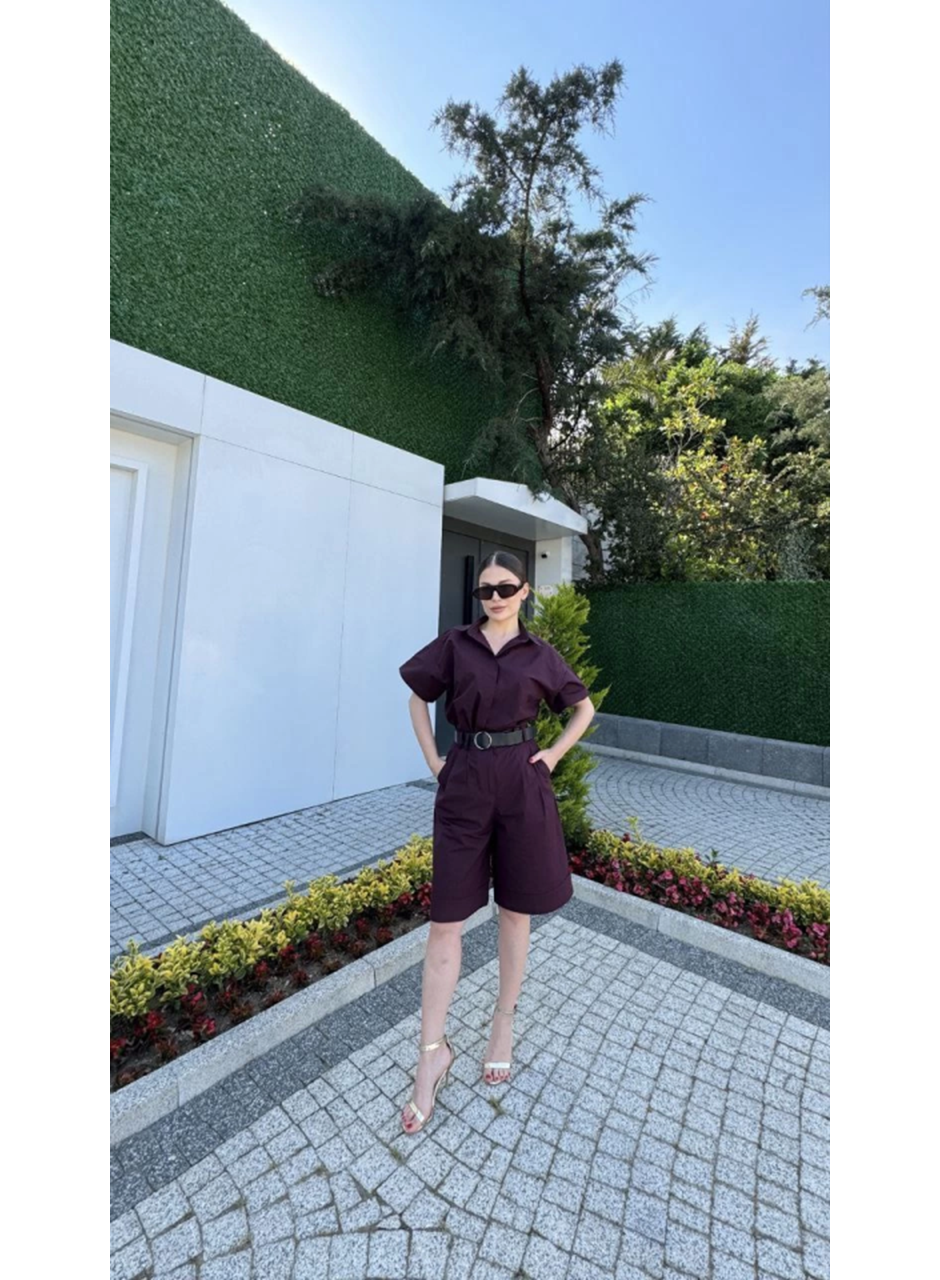 Yakalı Gömlek Kemerli Şortlu Takım - Bordo