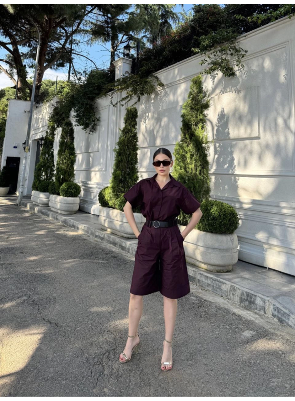 Yakalı Gömlek Kemerli Şortlu Takım - Bordo