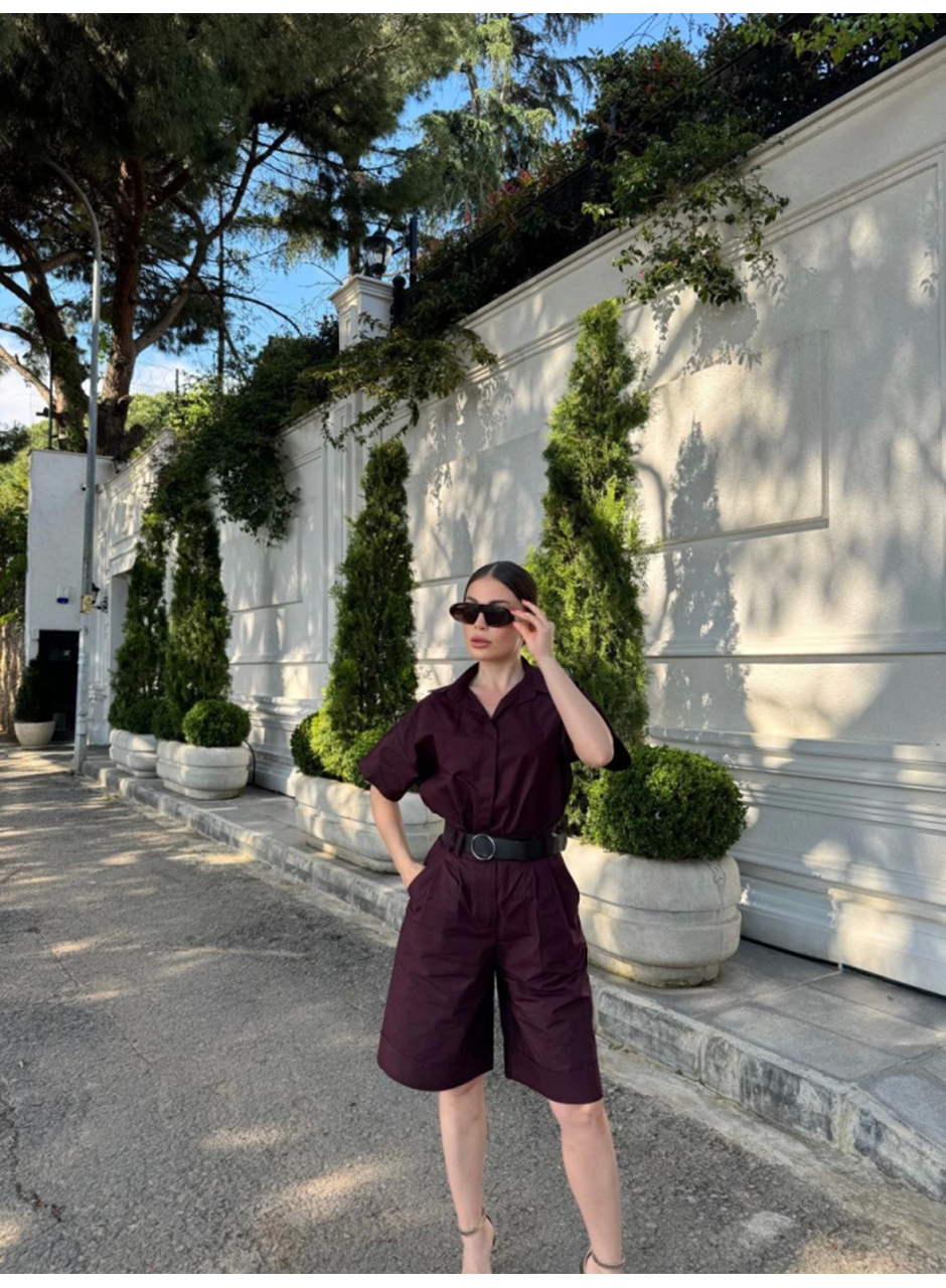 Yakalı Gömlek Kemerli Şortlu Takım - Bordo