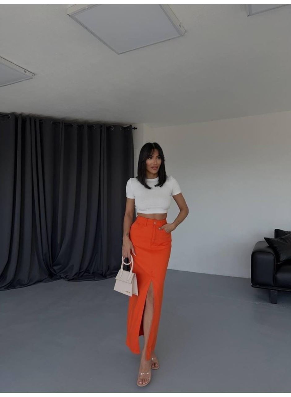 GABARDİN UZUN ÖNDEN YIRTMAÇLI ETEK - Turuncu