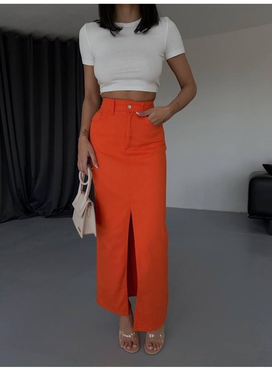 GABARDİN UZUN ÖNDEN YIRTMAÇLI ETEK - Turuncu