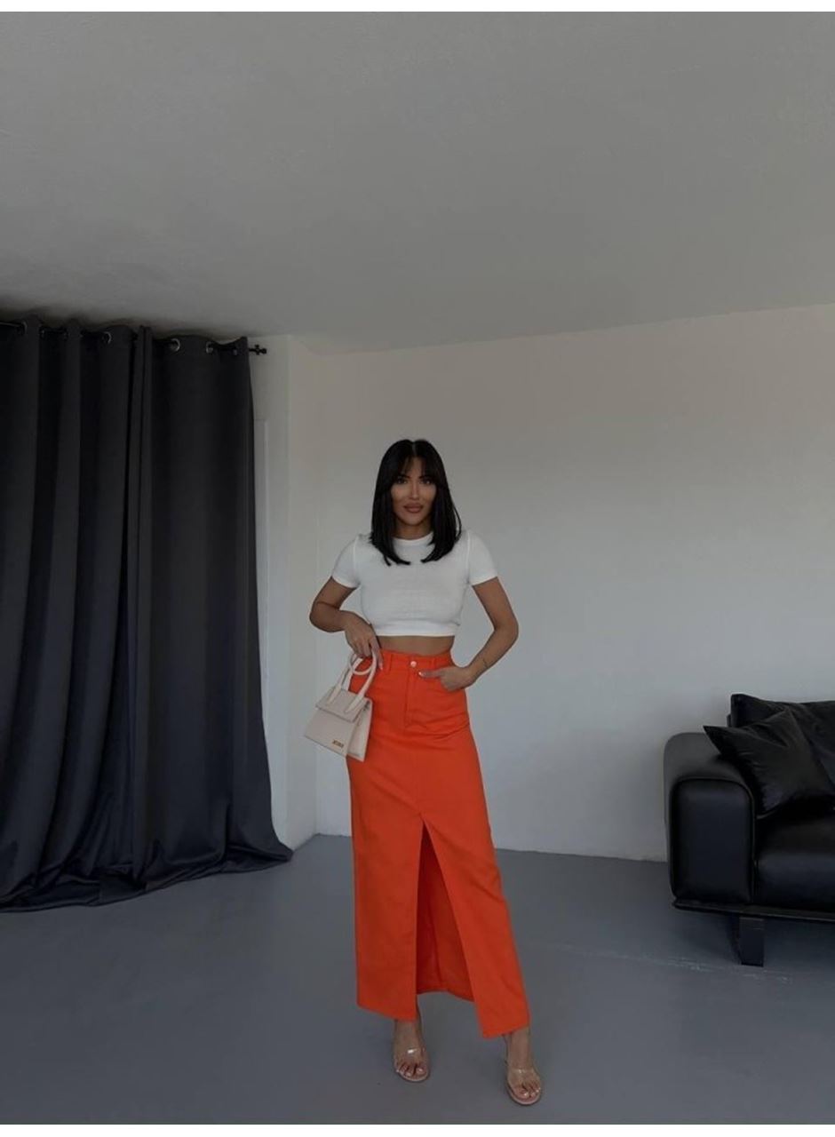 GABARDİN UZUN ÖNDEN YIRTMAÇLI ETEK - Turuncu