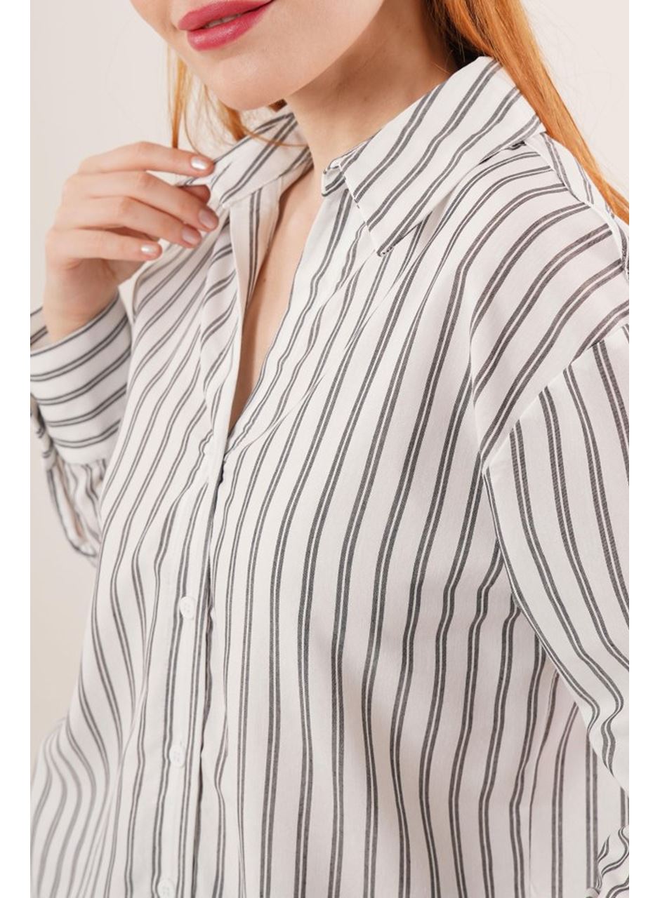 Çift Çizgi Geçişli Düğmeli Gri Gömlek