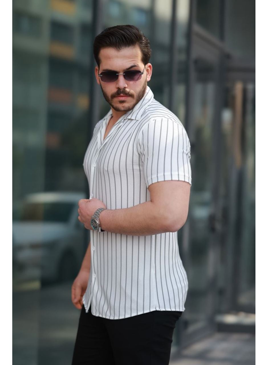 Erkek Kısa Kollu Gri çizgi Desenli örme Kumaş Pamuklu Gömlek