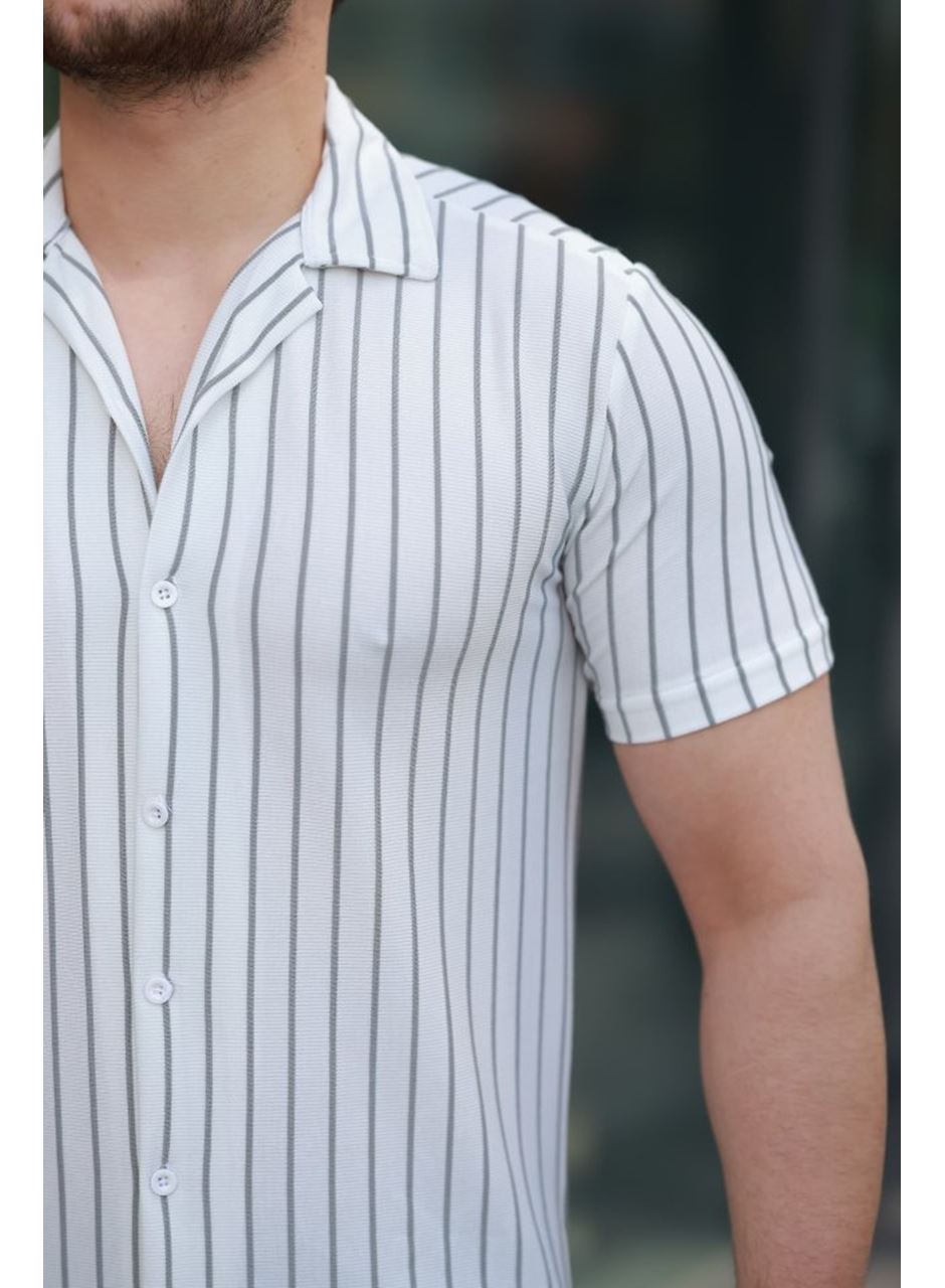 Erkek Kısa Kollu Gri çizgi Desenli örme Kumaş Pamuklu Gömlek