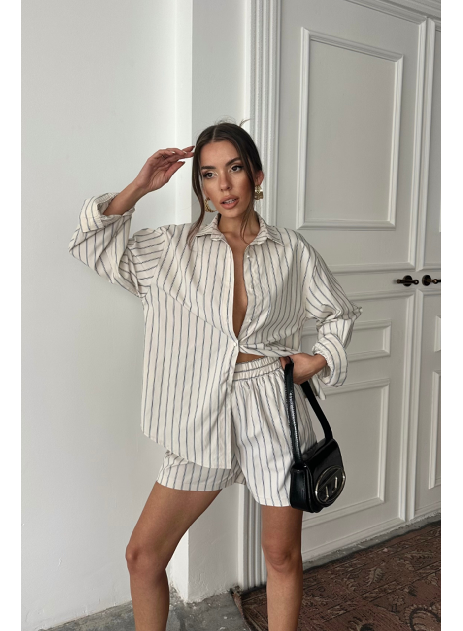 POPLİN ÇİZGİLİ GÖMLEK - ŞORT TAKIM - Bej