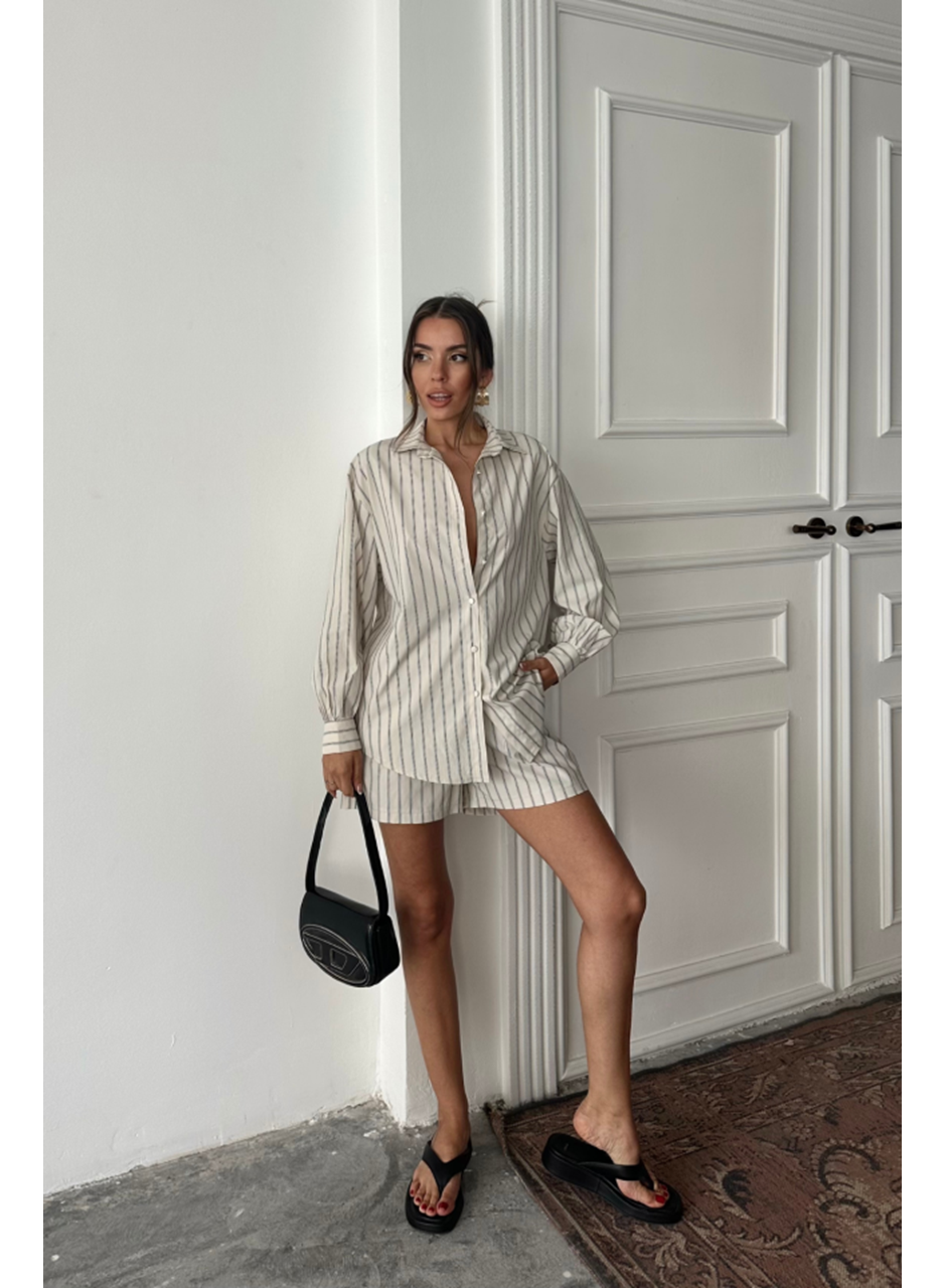 POPLİN ÇİZGİLİ GÖMLEK - ŞORT TAKIM - Bej