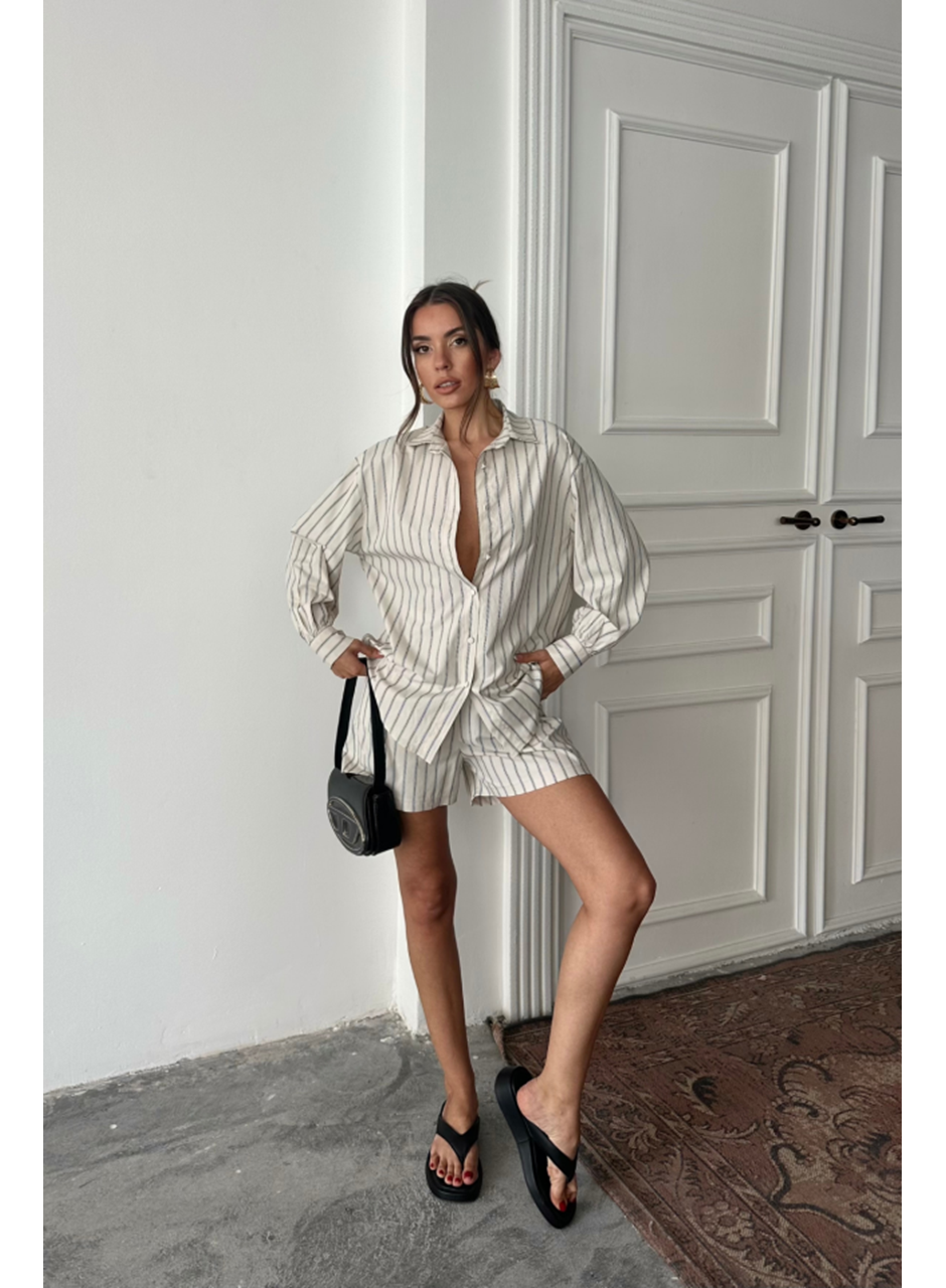 POPLİN ÇİZGİLİ GÖMLEK - ŞORT TAKIM - Bej