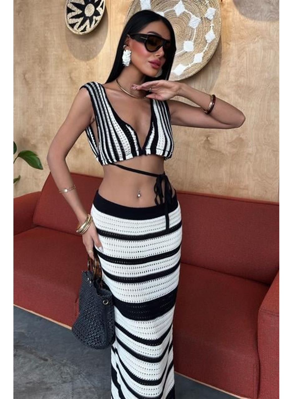 Çizgili Bikini Üst Ve Etek Triko Takım 10110