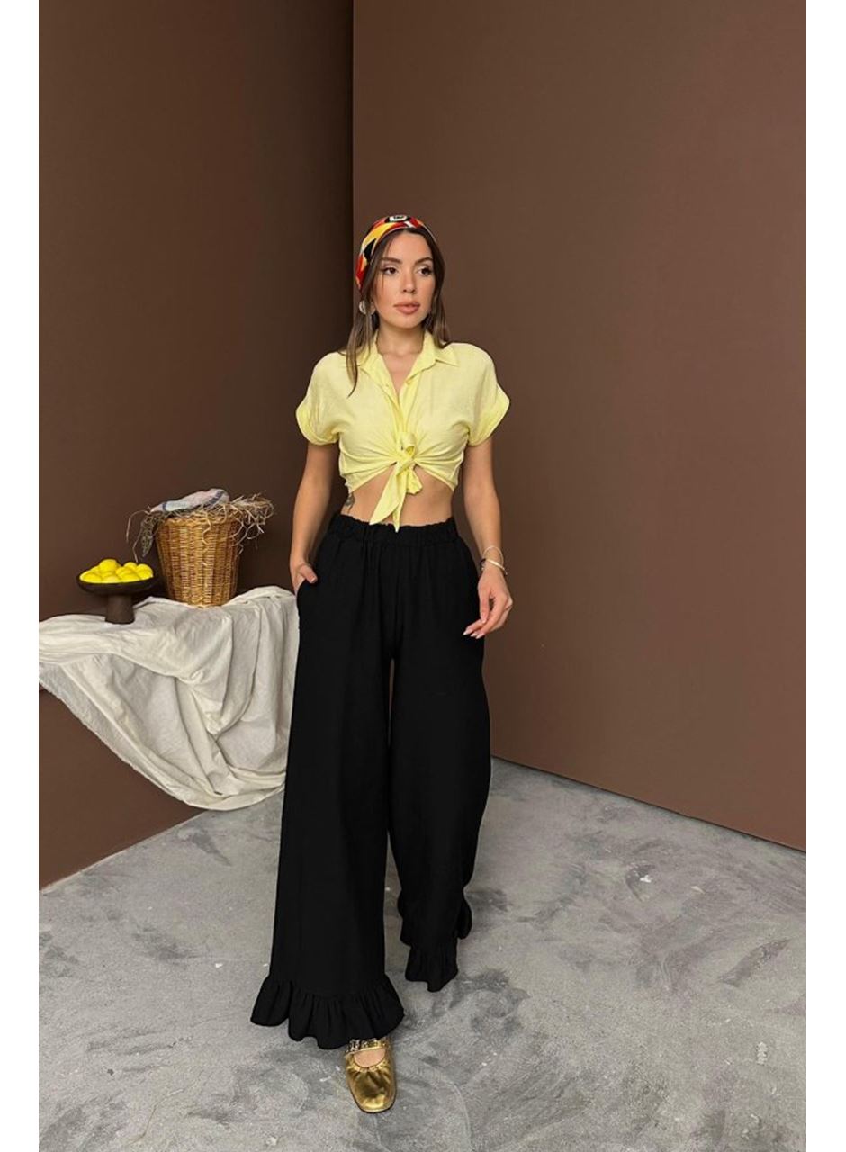 Siyah Paçası Fırfırlı Keten Pantolon