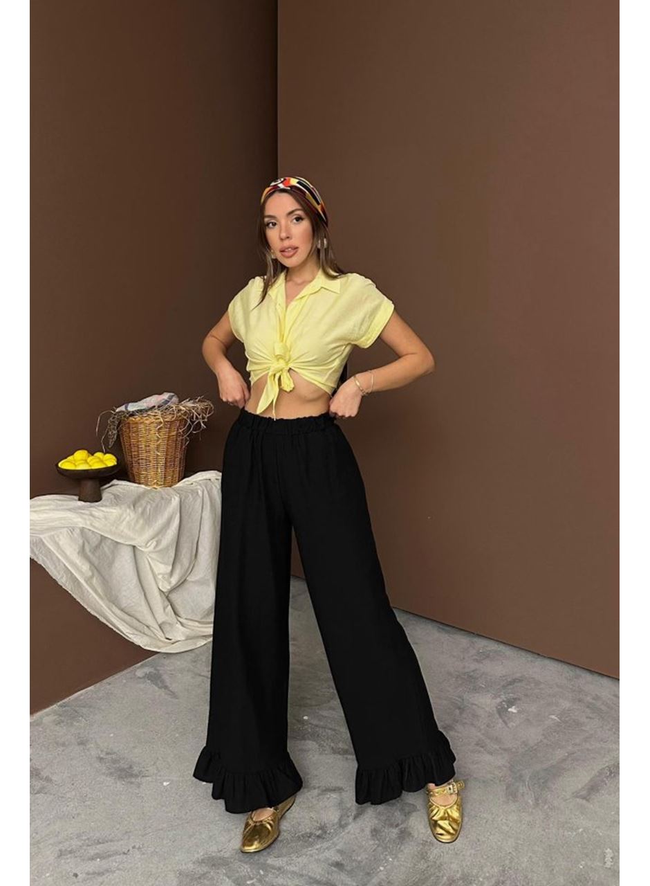 Siyah Paçası Fırfırlı Keten Pantolon