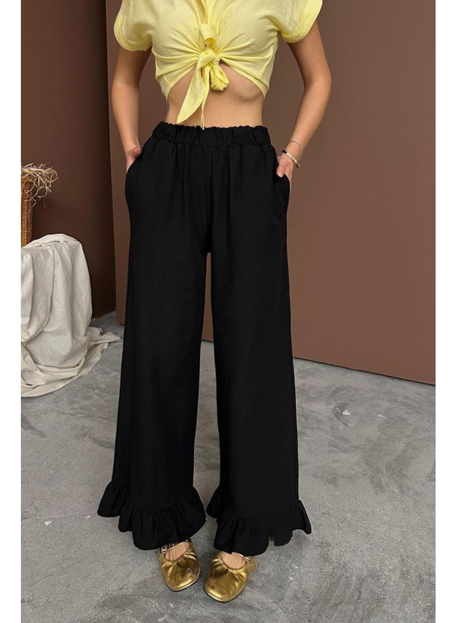 Siyah Paçası Fırfırlı Keten Pantolon