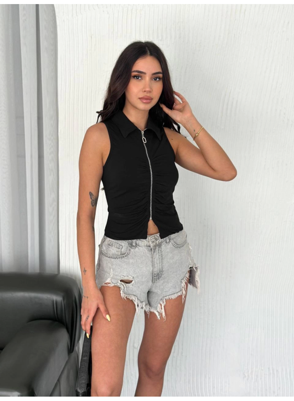 Yakalı Tam Fermuarlı Kolsuz Bluz - Siyah