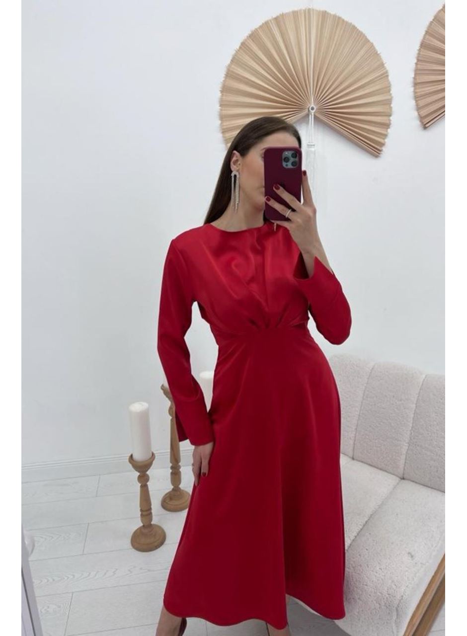 Kırmızı Saten Uzun Elbise