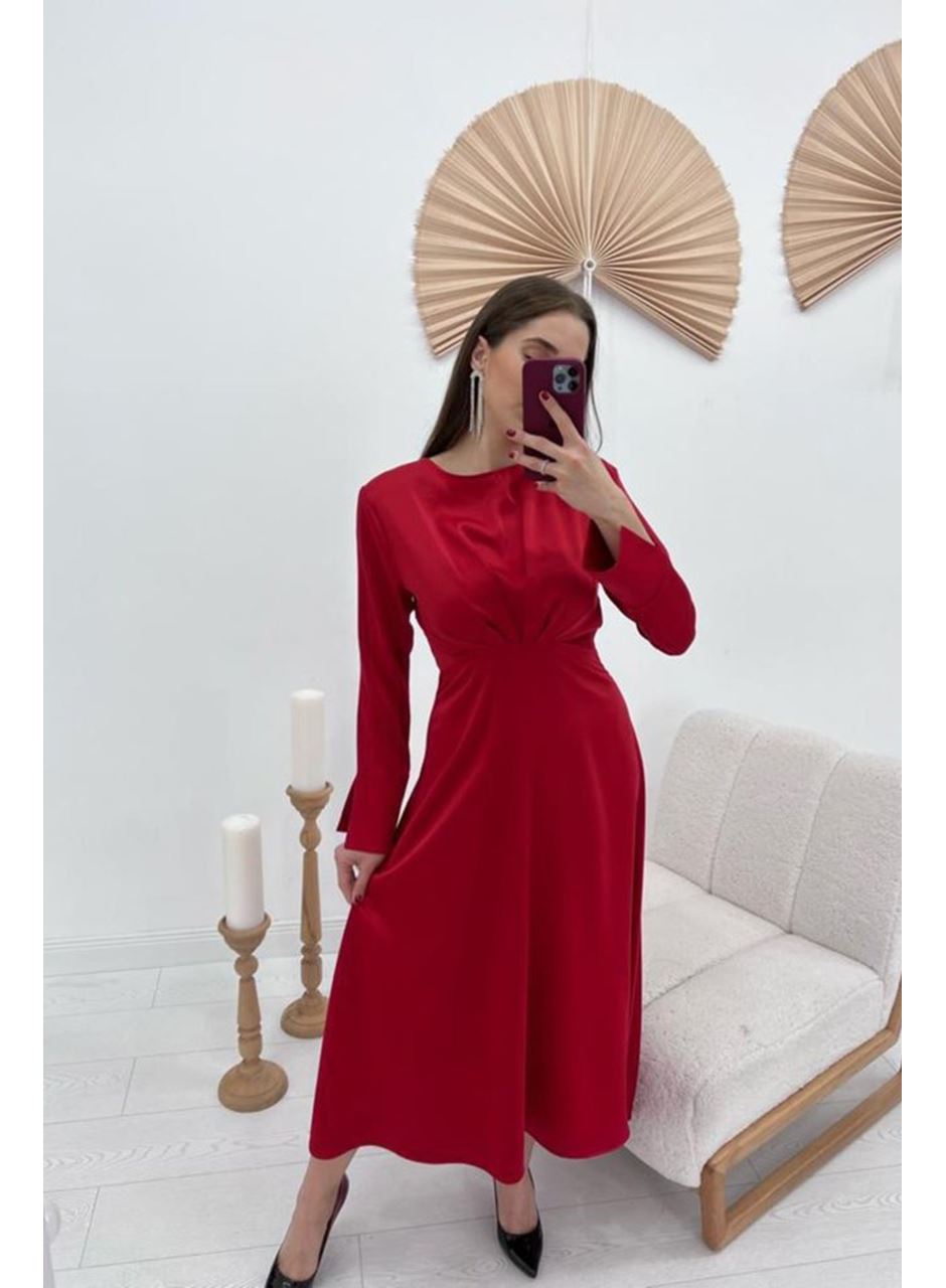 Kırmızı Saten Uzun Elbise
