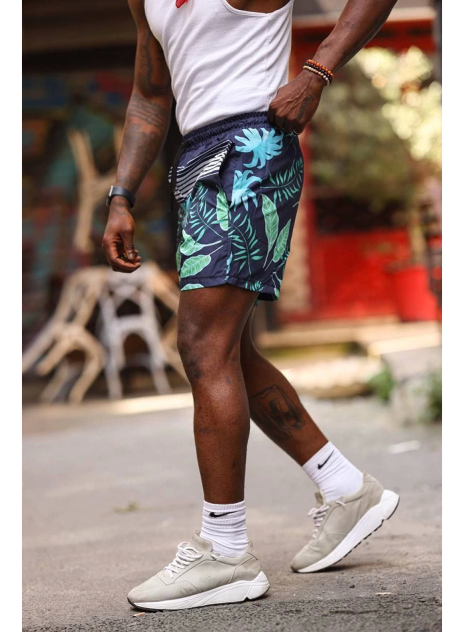 Erkek Palmiye Desenli Deniz Cepli Şort - Mavi
