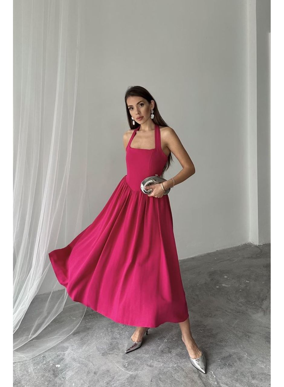 Fuşya Boyundan Bağlamalı Keten Elbise