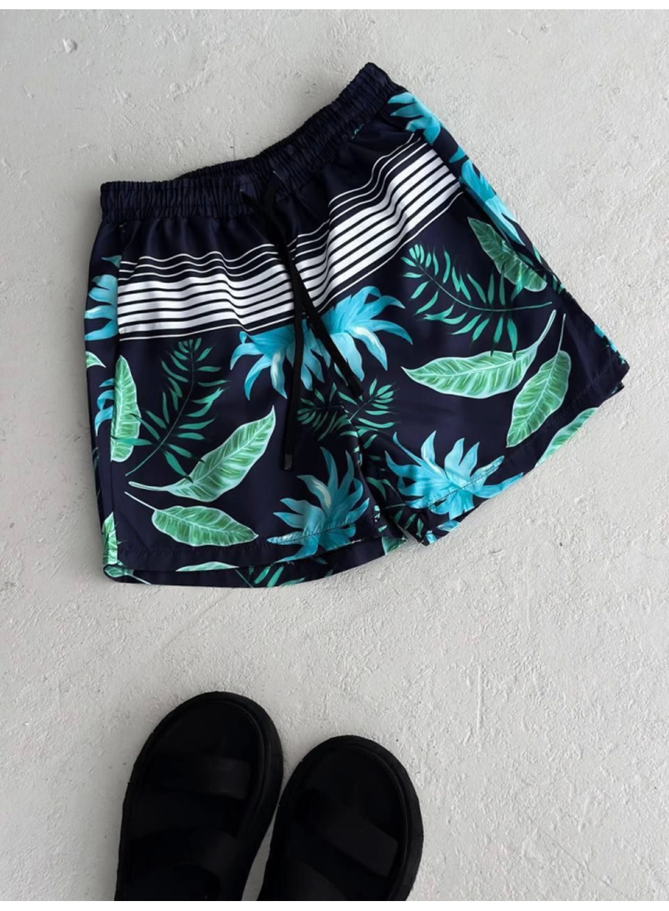 Erkek Palmiye Desenli Deniz Cepli Şort - Mavi