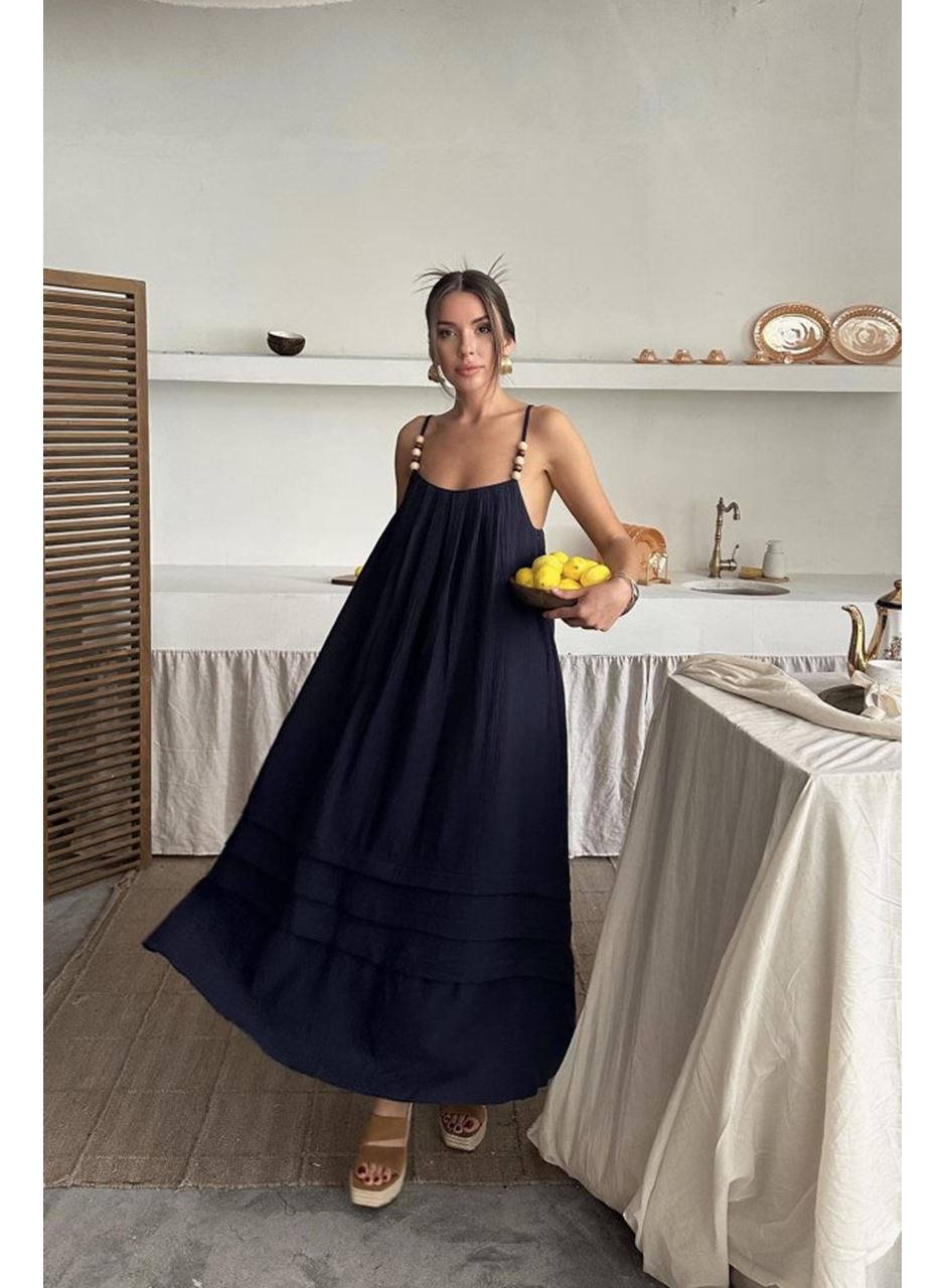 Lacivert Askılı Müslin Elbise