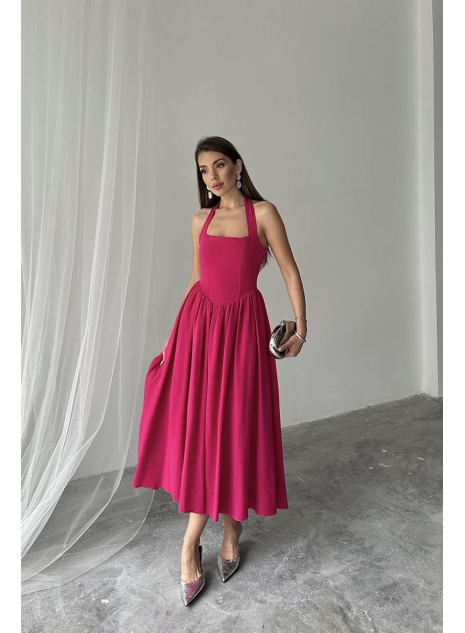 Fuşya Boyundan Bağlamalı Keten Elbise