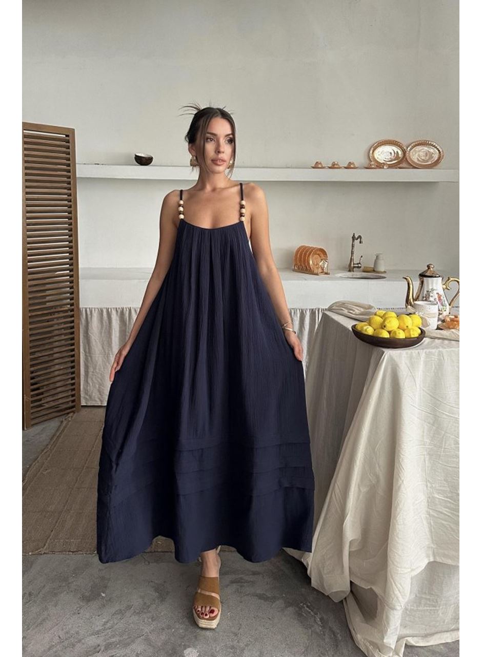 Lacivert Askılı Müslin Elbise