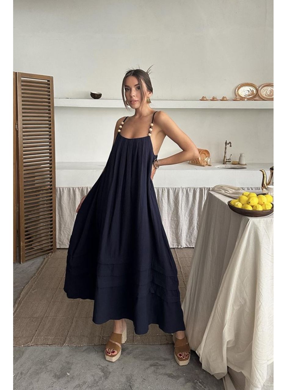 Lacivert Askılı Müslin Elbise