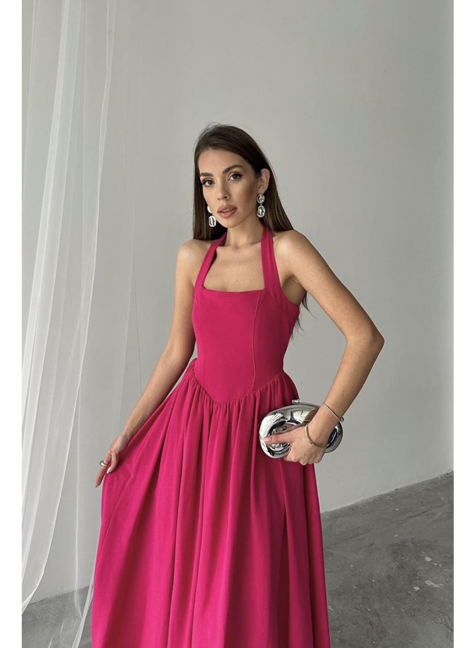 Fuşya Boyundan Bağlamalı Keten Elbise